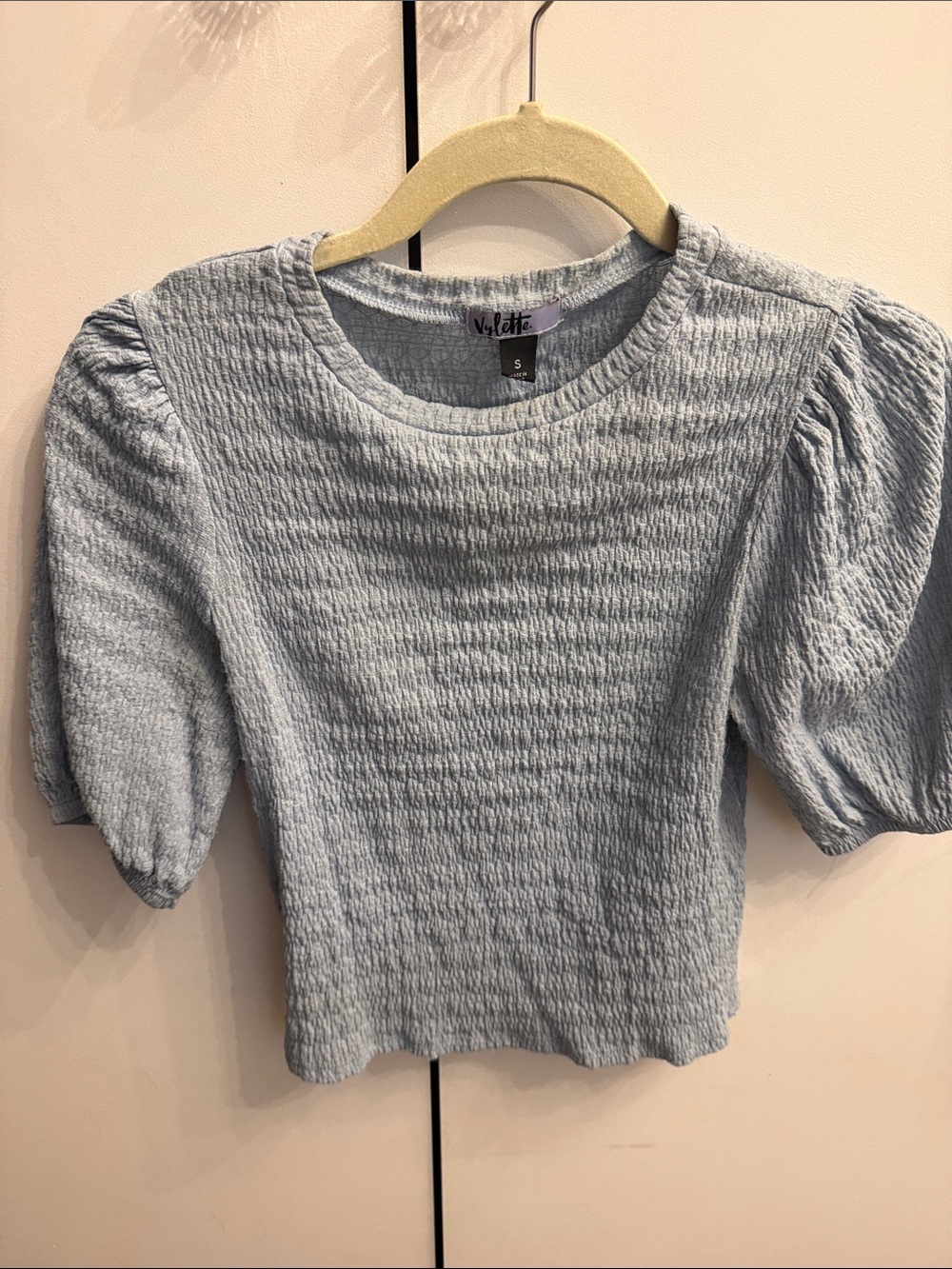 Light Blue Textured Puff-Sleeve Top
